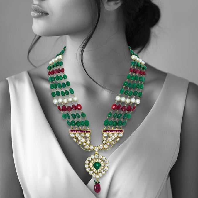 Multistrand Emerald Necklace with Polki Pendant and Ruby Drop